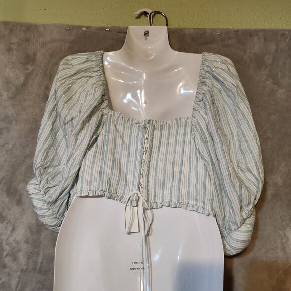 For Love/Lemons Leslie Puff Sleeve Crop Corset Women's 1X Blue/White Striped Top - Picture 5 of 7